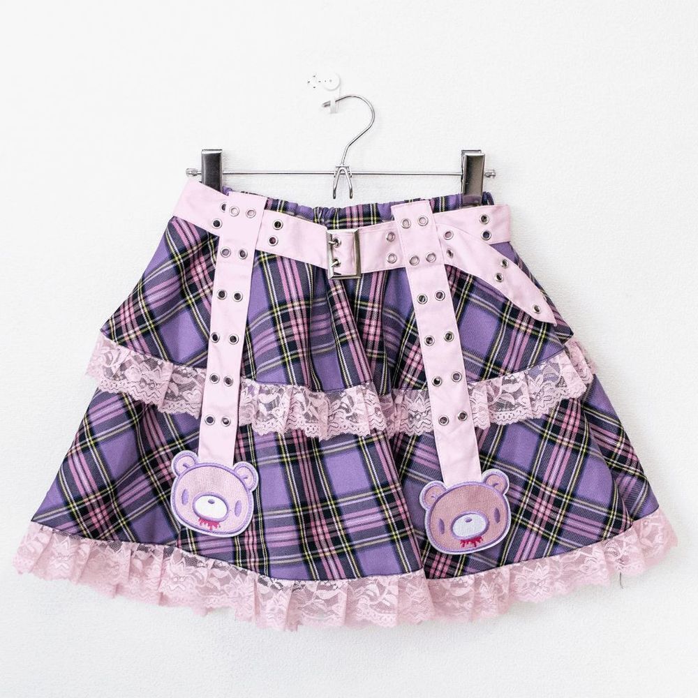 Gloomy Bear Pastel Pink & Purple Checkered Punk Rock, Emo, Rave Skirt